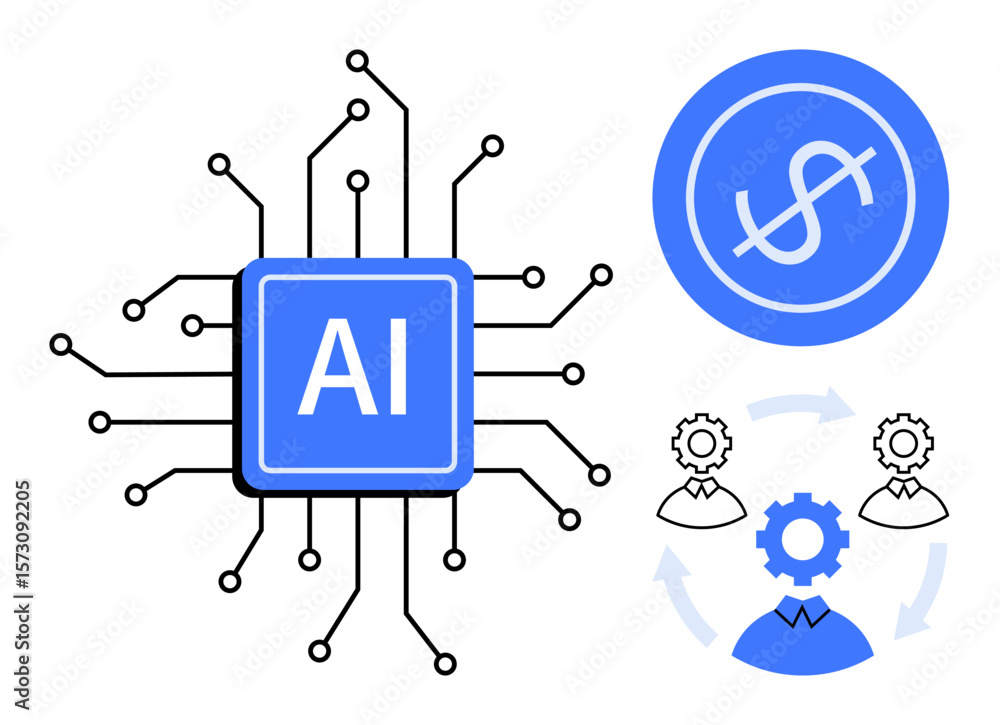 Aufkleber central ai chip linked by circuits, dollar sign symbolizing finance, gears with users representing t