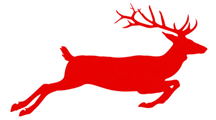 A vivid scarlet stag leaping forward, its silhouette displaying a sense of motion against a dark backdrop, transparent background