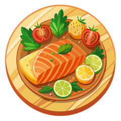 Grilled Salmon Fillet with Lemon Lime Tomatoes and Herbs on Wooden Plate