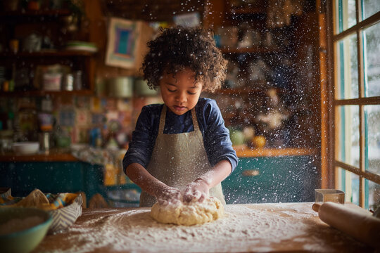 A young girl is making dough in a kitchen