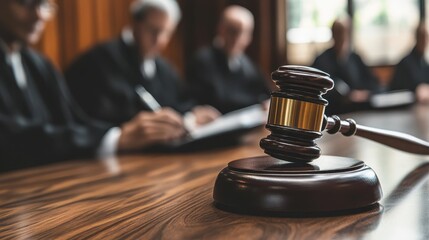 Judges Reviewing Case in Appellate Court with Gavel in Focus