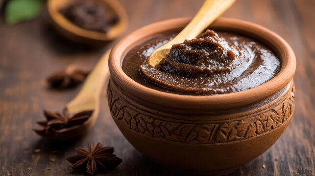 Ayurvedic Chyawanprash Paste in Clay Pot on Wooden Table