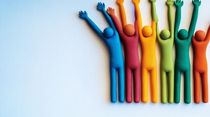 Colorful clay figures in blue, green, yellow, orange, and red stand with raised arms, symbolizing unity, celebration, diversity, and teamwork on a light background. Conceptual and joyful design.