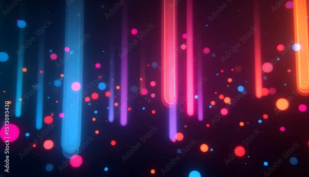 Poster dynamic abstract composition with neon lights and colorful glowing orbs against dark backdrop.