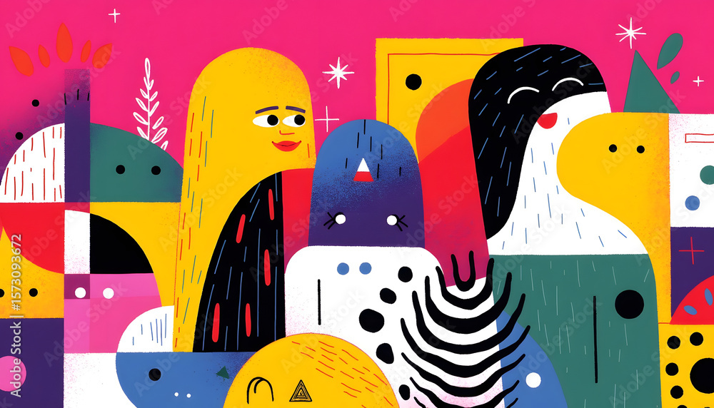 Poster a colorful and whimsical illustration featuring diverse abstract figures with unique expressions and