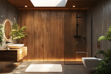 A modern bathroom featuring warm wooden walls, a floating toilet, a glass shower enclosure, and stylish mosaic accents with green plants.