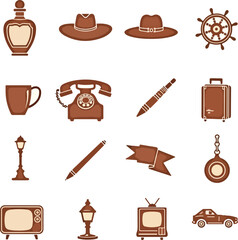 Illustrated collection of brown vintage icons with transparency for design projects