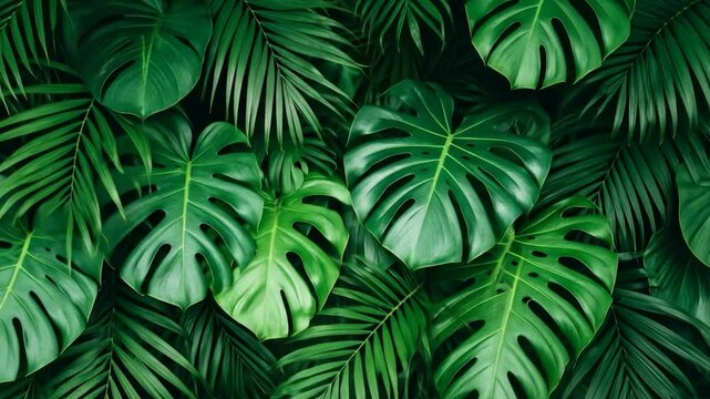 Tropical foliage of lush monstera and palm leaves in vibrant green hues
