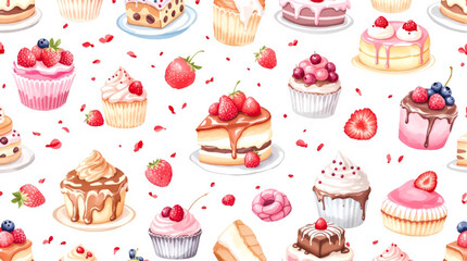 Watercolor Sweet desserts pattern on white background
