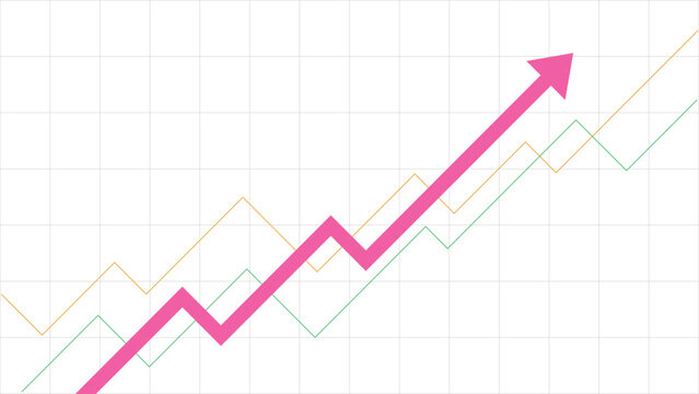 pink and thin business arrow going up with two lines graph and grid background represent profit and growing income