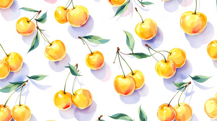 Watercolor yellow cherries on white background seamless vector pattern	
