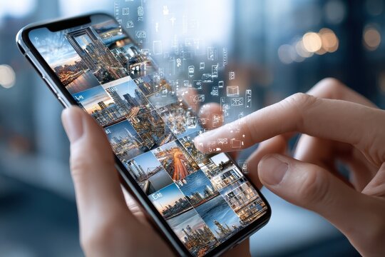 Exploring cityscapes on a smartphone with vibrant media galleries in focus