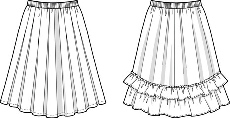 Fashion skirt CAD drawing, pleated skirt vector, ruffled hem illustration, sewing pattern sketch, apparel design flat vector, garment design blueprint