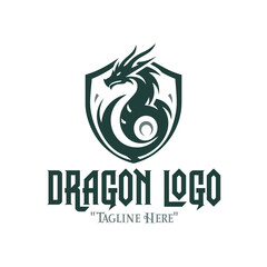 Royal Green Dragon Logo with Gray Shield for Noble Branding and Mythical Identity
