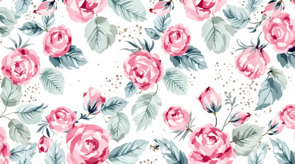 Watercolor floral seamless pattern with hand-painted blush pink flowers and green leaves on white background. Botanical print.	