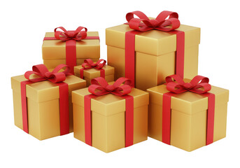 Obraz premium A collection of golden gift boxes with red ribbons isolated on transparent background