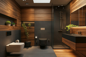 A modern bathroom featuring warm wooden walls, a floating toilet, a glass shower enclosure, and stylish mosaic accents with green plants.