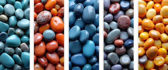 A stunning mosaic of colorful, polished pebbles in vertical stripes.