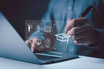E-learning education concept, internet lessons and online webinar. who attends online lessons on a...