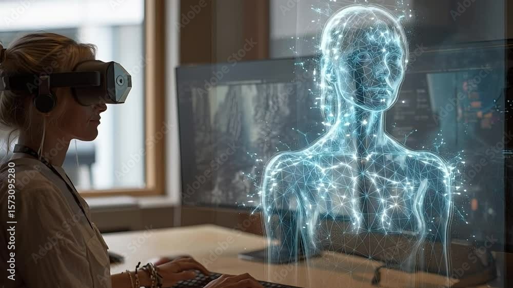 Poster exploring virtual reality with an interactive hologram display