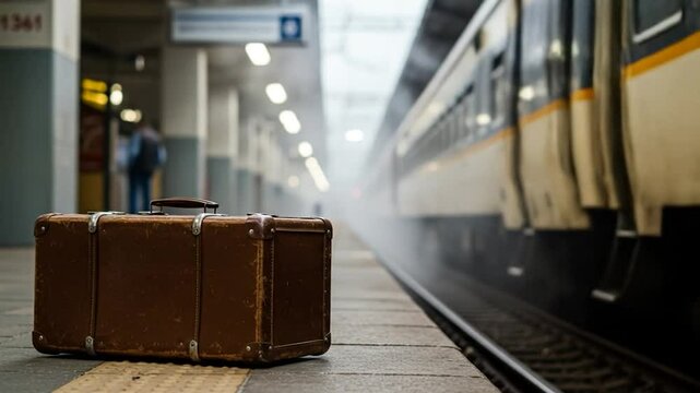 Vintage suitcase on train platform travel departure transportation
