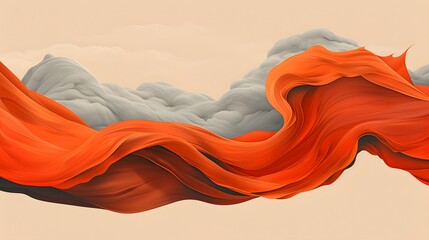 Abstract digital artwork featuring a vibrant orange, flowing, fabric-like form contrasted with soft, cloudy grey shapes against a light background.