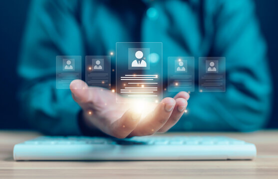Businessman showing concept of human resources, employees, employment, management, training, HR, technology, business leadership concept, consulting, customer concept, digital service.	
