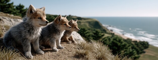 Three realistic gray wolf cubs sit on a grassy hillside, intently watching for prey while bathed in soft sunlight and vibrant colors