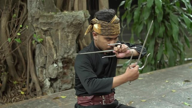 Traditional Martial Arts Performance with Unique Weapon