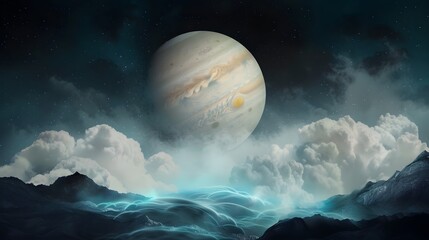 A sci-fi depiction of a gas giant planet, reminiscent of Jupiter, rising above a fantastical landscape with glowing mist and ethereal clouds.
