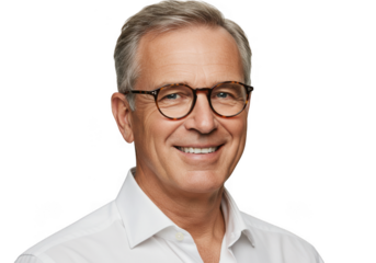 Smiling man with glasses wearing white shirt isolated on transparent background
