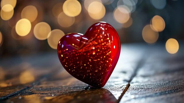 Heart shape on rustic wood with bokeh lights for love, Valentine's Day, and romance.