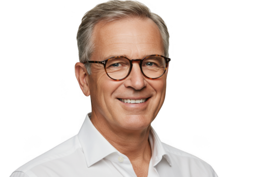 Smiling man with glasses wearing white shirt isolated on transparent background