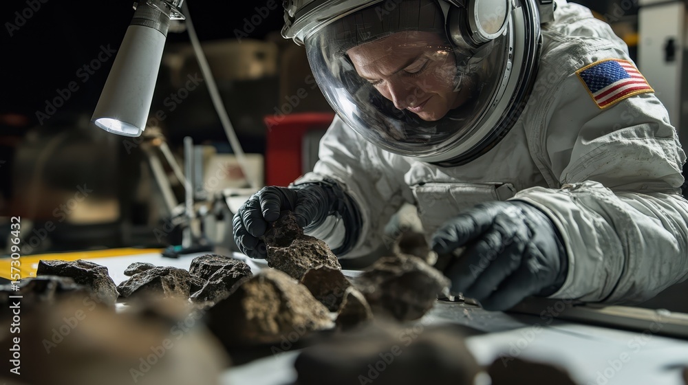 Poster astronaut conducting analysis on meteorite samples in laboratory