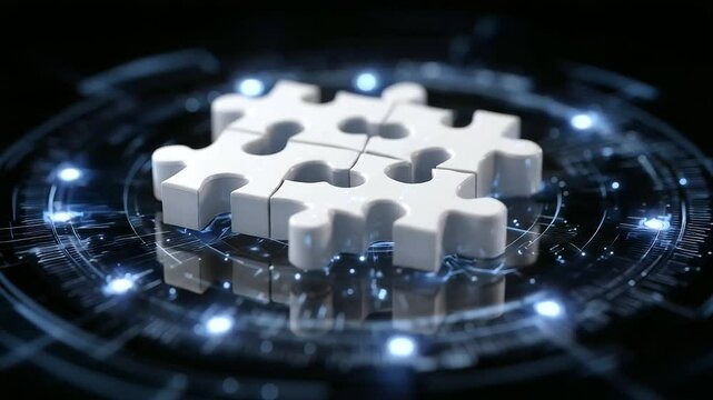 An abstract D representation of floating puzzle pieces with glowing connectors locking into place, set within a circular interface UI symbolizing system architecture and interoper