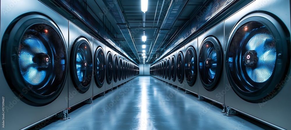 Poster a futuristic data center cooled and powered by ai-driven water turbines