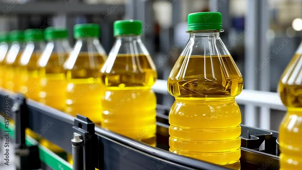 Poster oil production process in a modern factory with multiple bottles on the conveyor belt