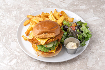 Poulet burger, salade verte et frite