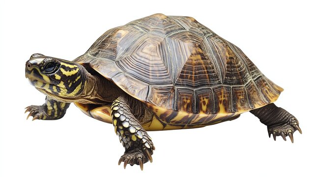 a turtle walking slowly clipart, reptile pet element, photorealistic shell detail, realistic tone, isolated on white background