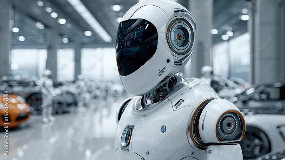 Poster advanced humanoid robot showcases futuristic design in tech showroom