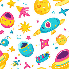 A seamless pattern of colorful cartoon space elements including planets, rockets, UFOs, and stars, on a white background.