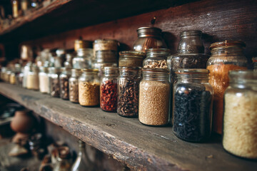 A shelf full of glass jars with various spices