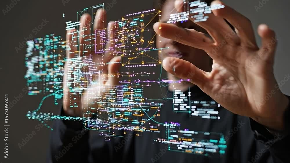 Poster user exploring an interactive virtual interface in a modern space