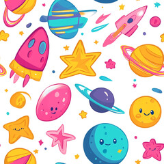 A seamless pattern of colorful cartoon space elements including planets, rockets, UFOs, and stars, on a white background.