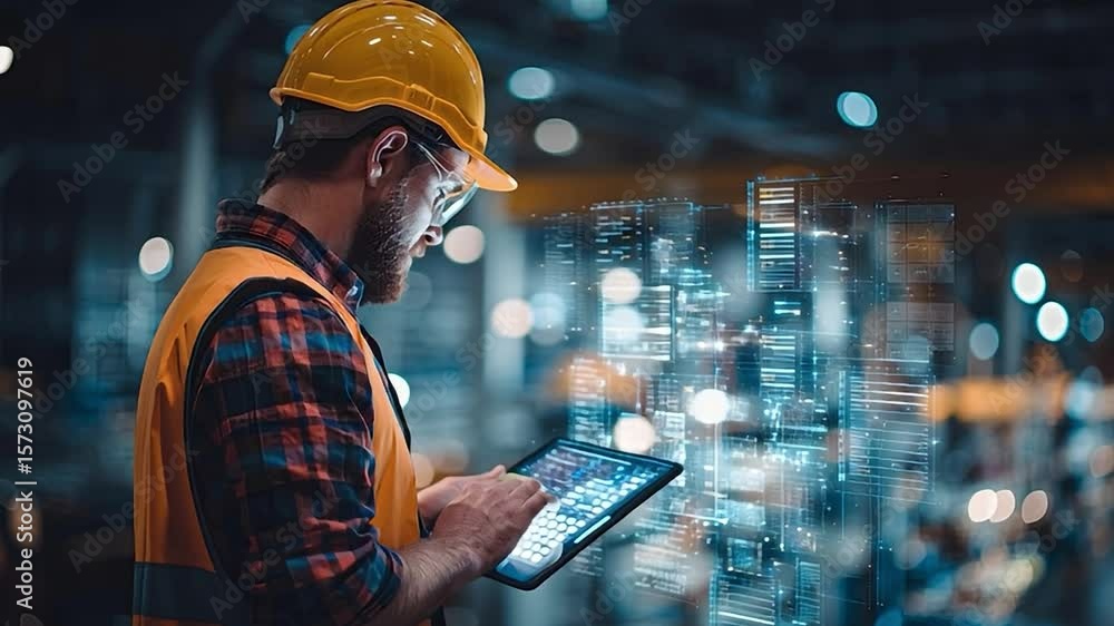 Poster worker interacts with digital display in modern warehouse environment