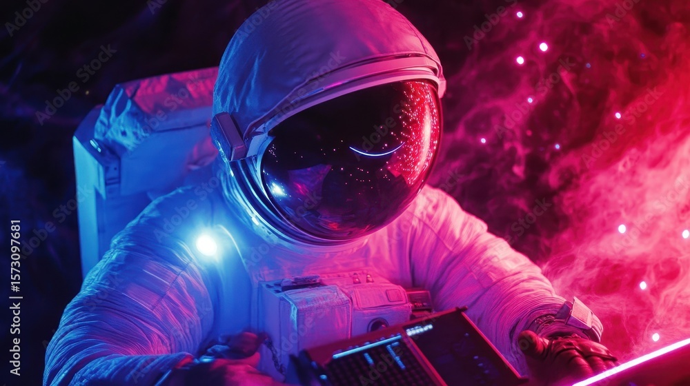 Poster astronaut analyzing starlight using spectroscopy in outer space