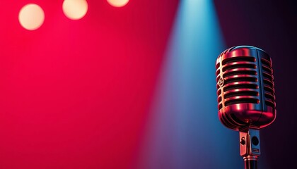 Retro style red & black vector poster featuring a microphone for a live music concert, red, vintage poster