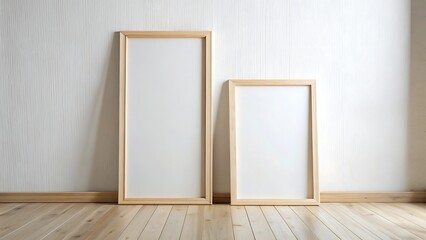 Two blank wooden picture frames leaning against a textured wall on a wooden floor isolated on white background