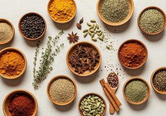Flat Lay of Organic Spices in Wooden Bowls on Light Neutral Surface with Soft Natural Light and Minimalist Kitchen Aesthetic