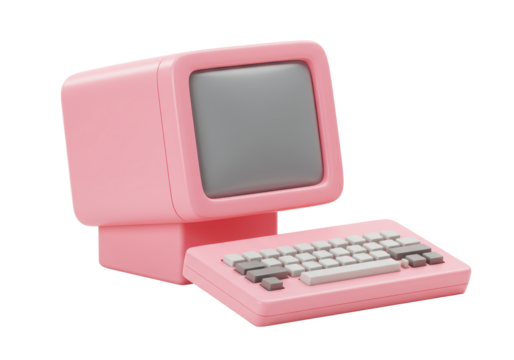 Isolated Retro Pink Computer with Keyboard 3D Render - Powered by Adobe